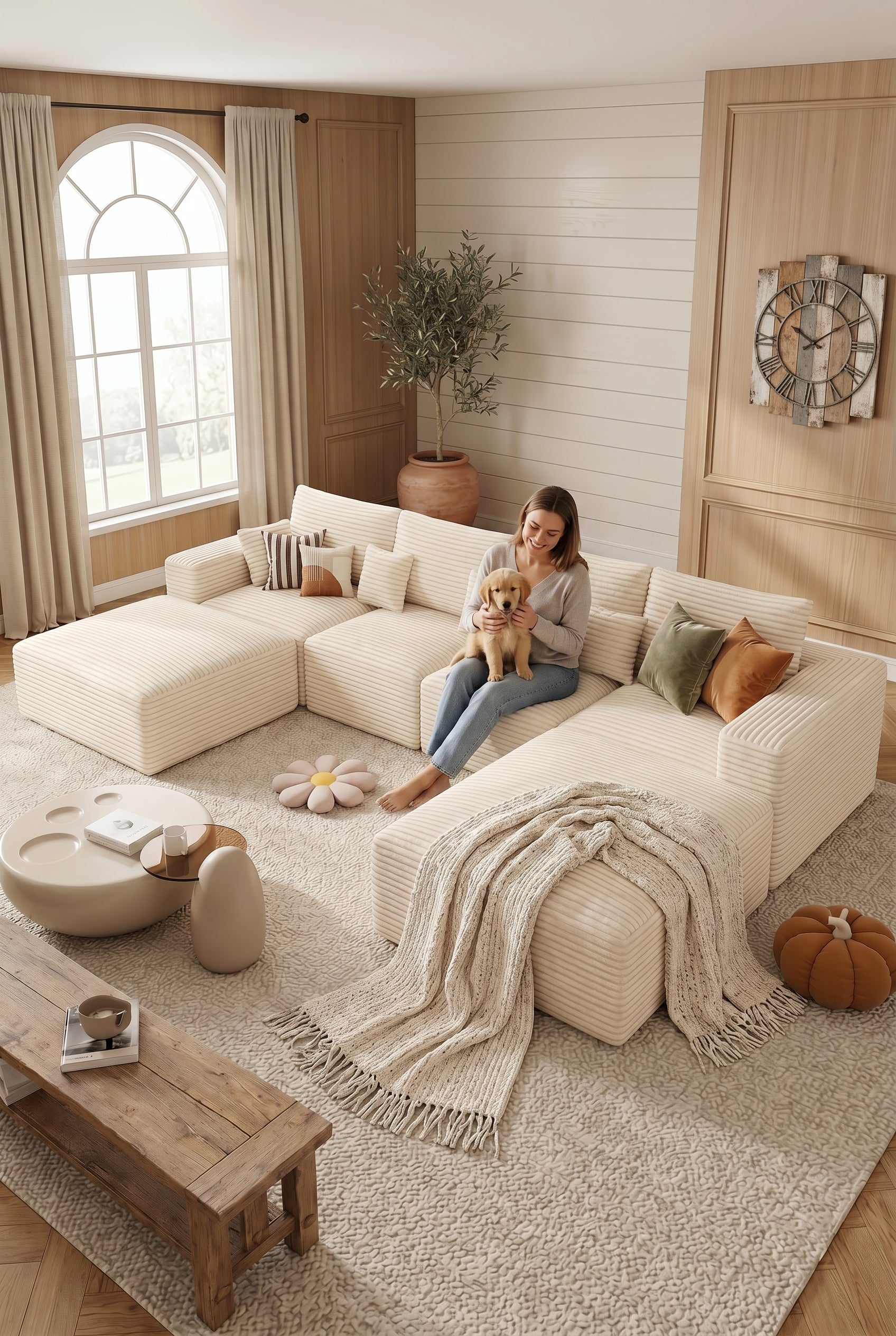 Convertible Modular Cloud Sectional Sofa | 113" L-Shaped & 146" U-Shaped Corduroy Couches with Ottoman for Living Room