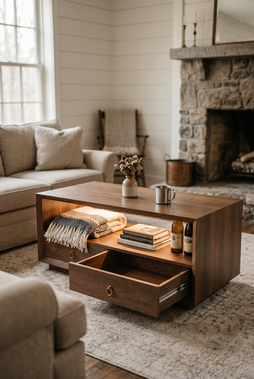 47.5" Wide Wooden Coffee Table with Drawers | Modern 2-Tier Rustic Center Table with LED Light & Storage Shelf for Living Room