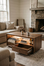 47.5" Wide Wooden Coffee Table with Drawers | Modern 2-Tier Rustic Center Table with LED Light & Storage Shelf for Living Room