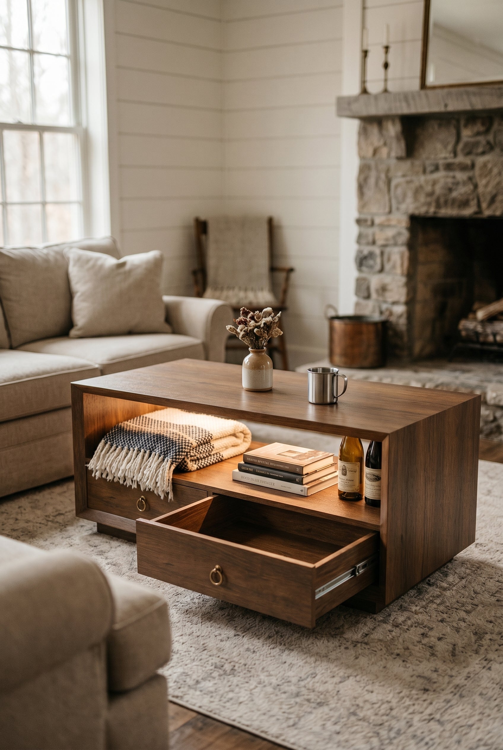 47.5" Wide Wooden Coffee Table with Drawers | Modern 2-Tier Rustic Center Table with LED Light & Storage Shelf for Living Room