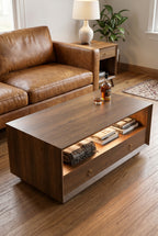 47.5" Wide Wooden Coffee Table with Drawers | Modern 2-Tier Rustic Center Table with LED Light & Storage Shelf for Living Room