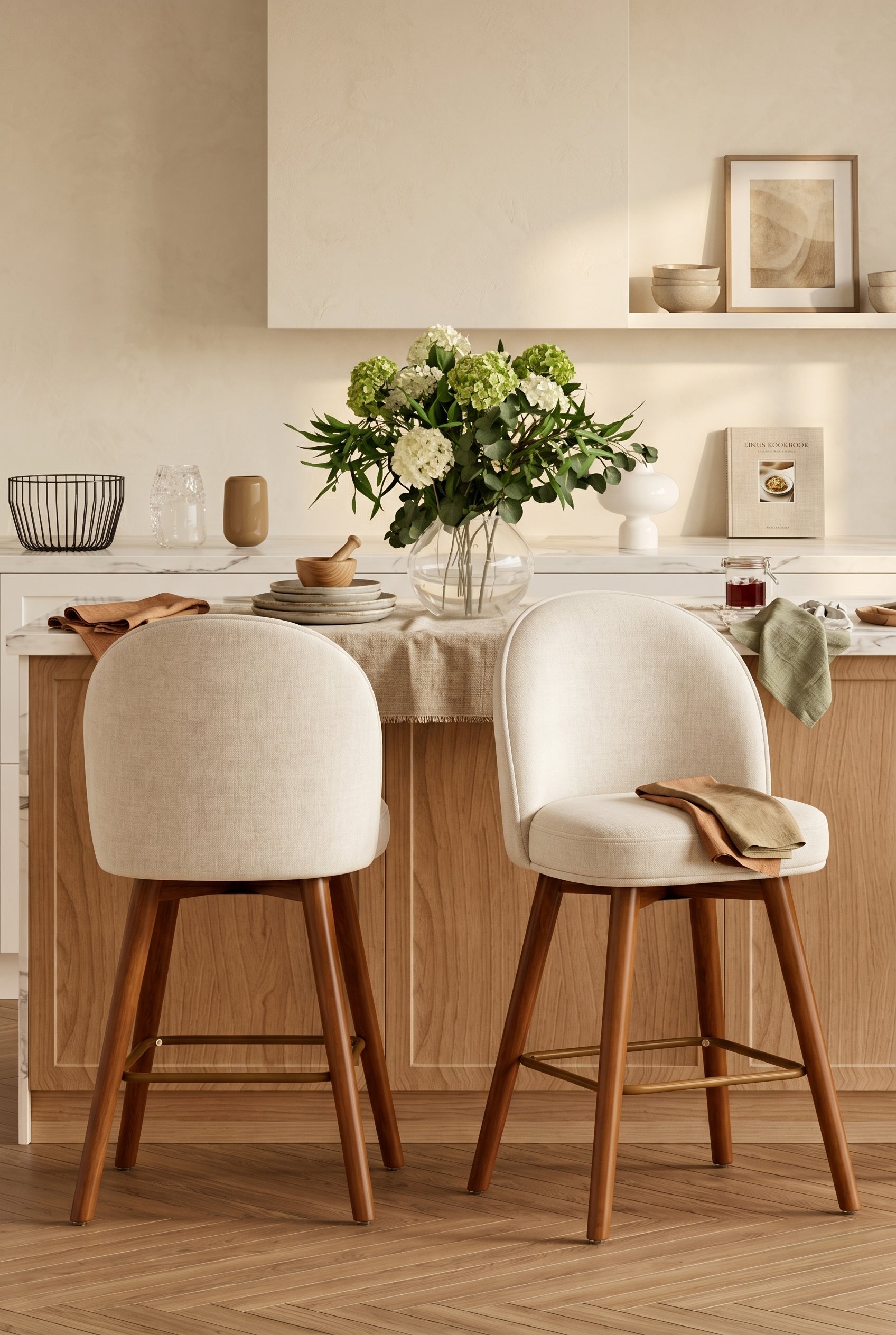 Modern Swivel Counter Height Bar Stools (Set of 2) | 26" Upholstered Chenille Bar Chairs with Back, Solid Wood Legs & Footrest for Kitchen Island