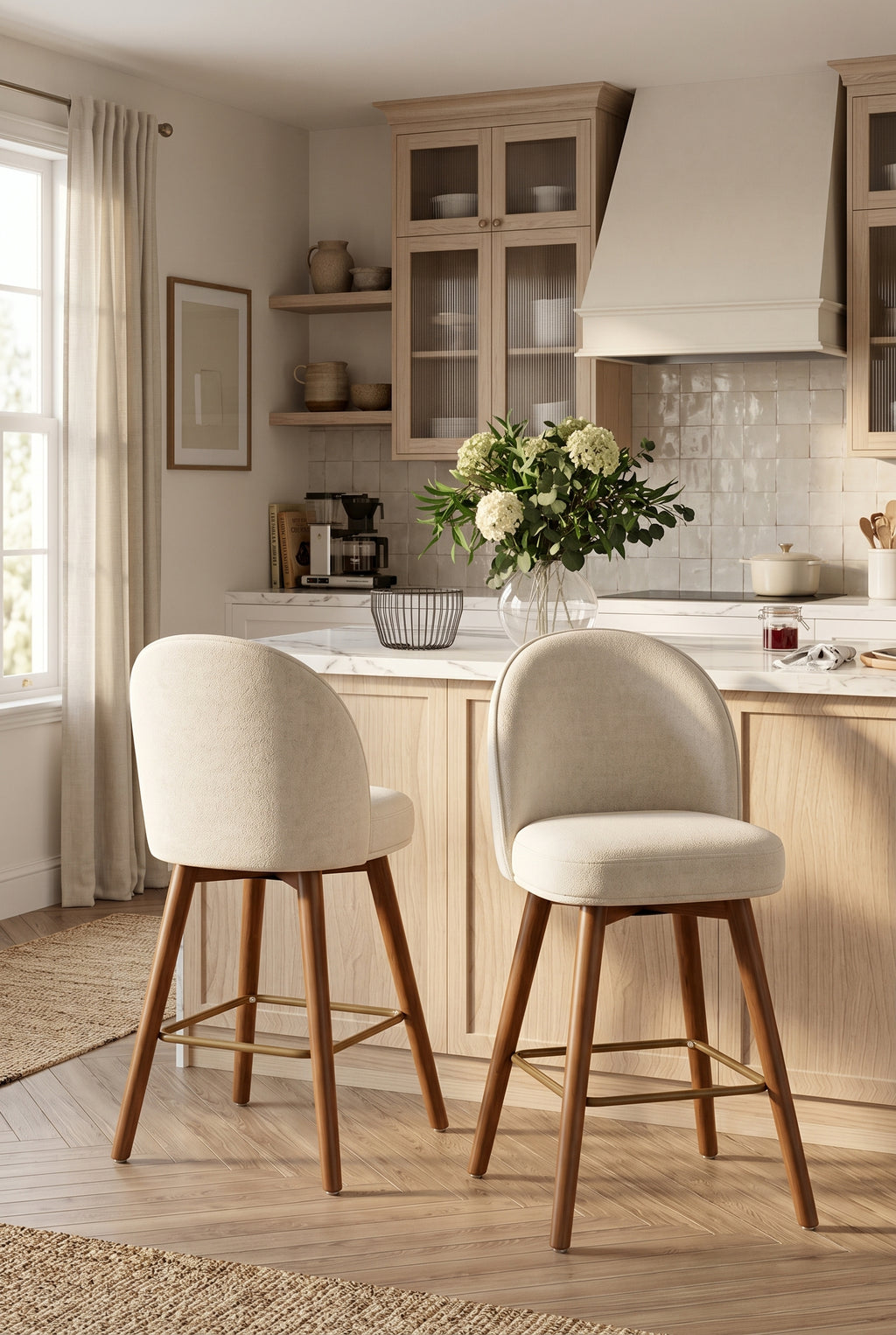 Modern Swivel Counter Height Bar Stools (Set of 2) | 26" Upholstered Chenille Bar Chairs with Back, Solid Wood Legs & Footrest for Kitchen Island