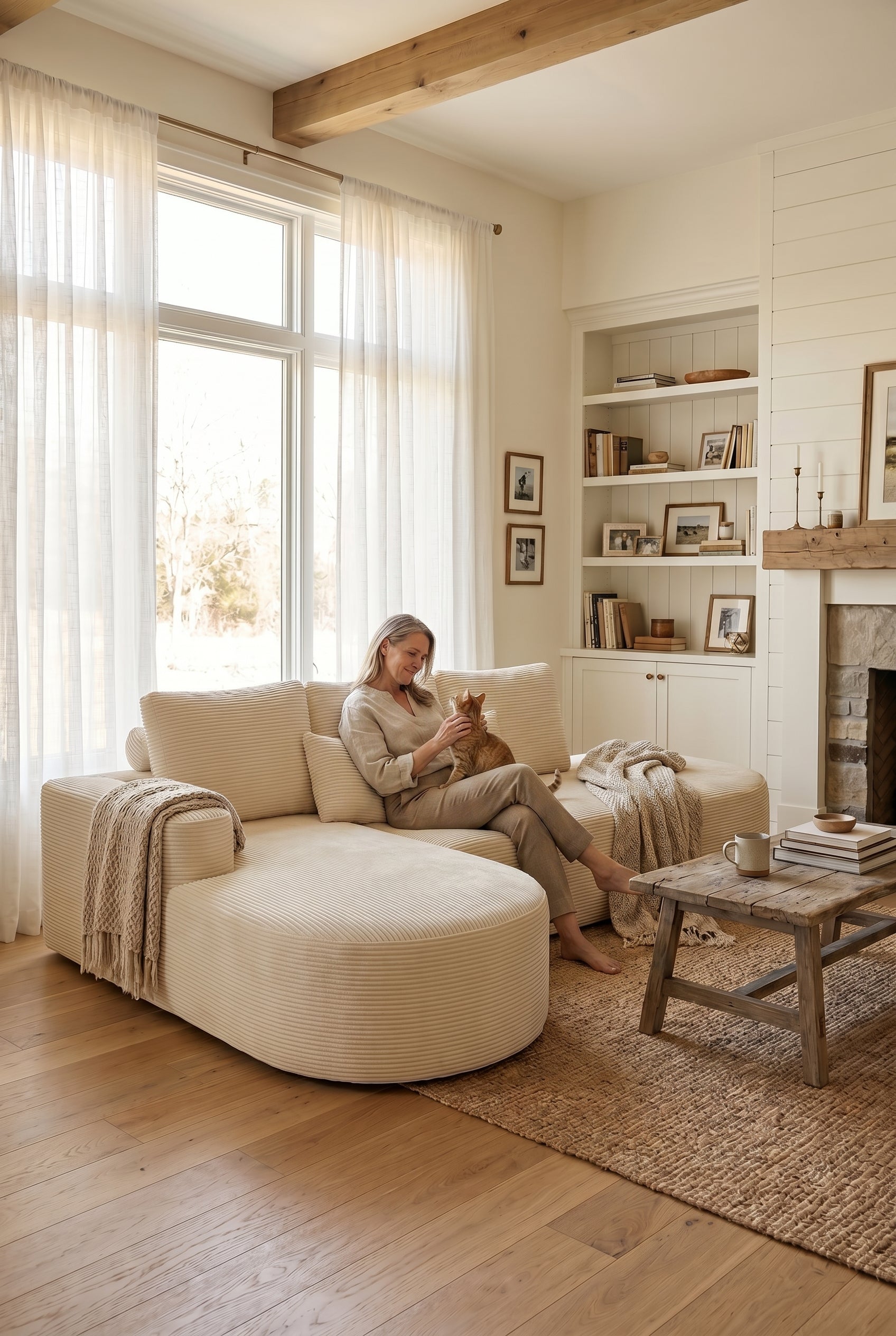 Modular L-Shaped Cloud Sectional Sofa with Curved Chaise | Soft Corduroy Boneless Couch for Living Room