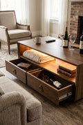 47.5" Wide Wooden Coffee Table with Drawers | Modern 2-Tier Rustic Center Table with LED Light & Storage Shelf for Living Room