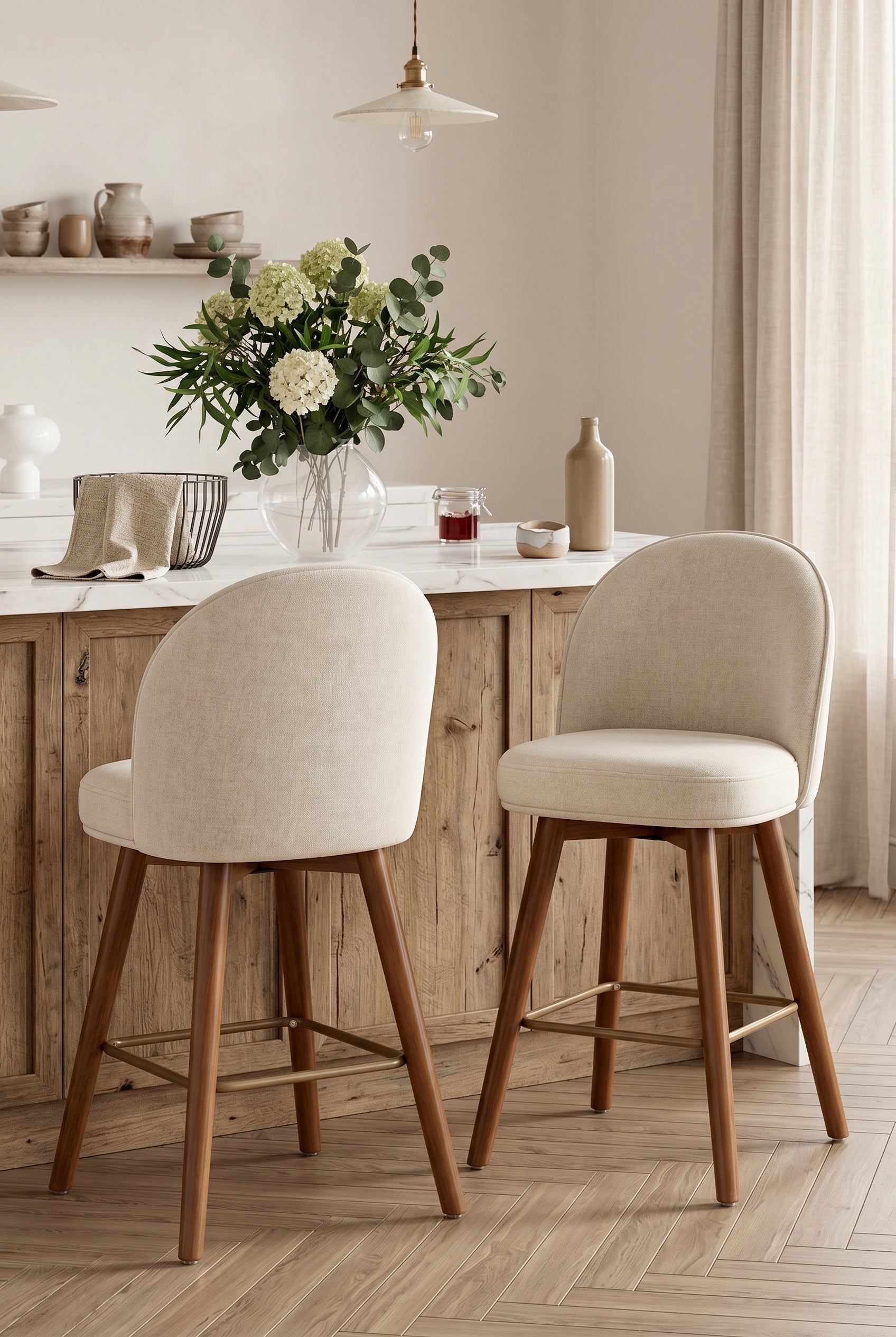 Modern Swivel Counter Height Bar Stools (Set of 2) | 26" Upholstered Chenille Bar Chairs with Back, Solid Wood Legs & Footrest for Kitchen Island