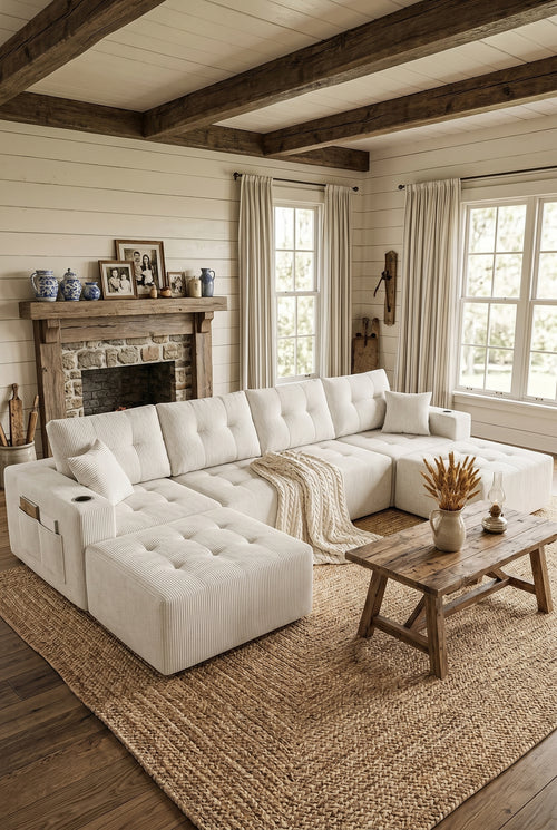 113" & 143" Convertible Modular Sectional Sofa, 4-Seater L-Shape & 6-Seater U-Shape Cloud Couch with Ottoman, Corduroy Tufted Boneless Modular Couch for Living Room