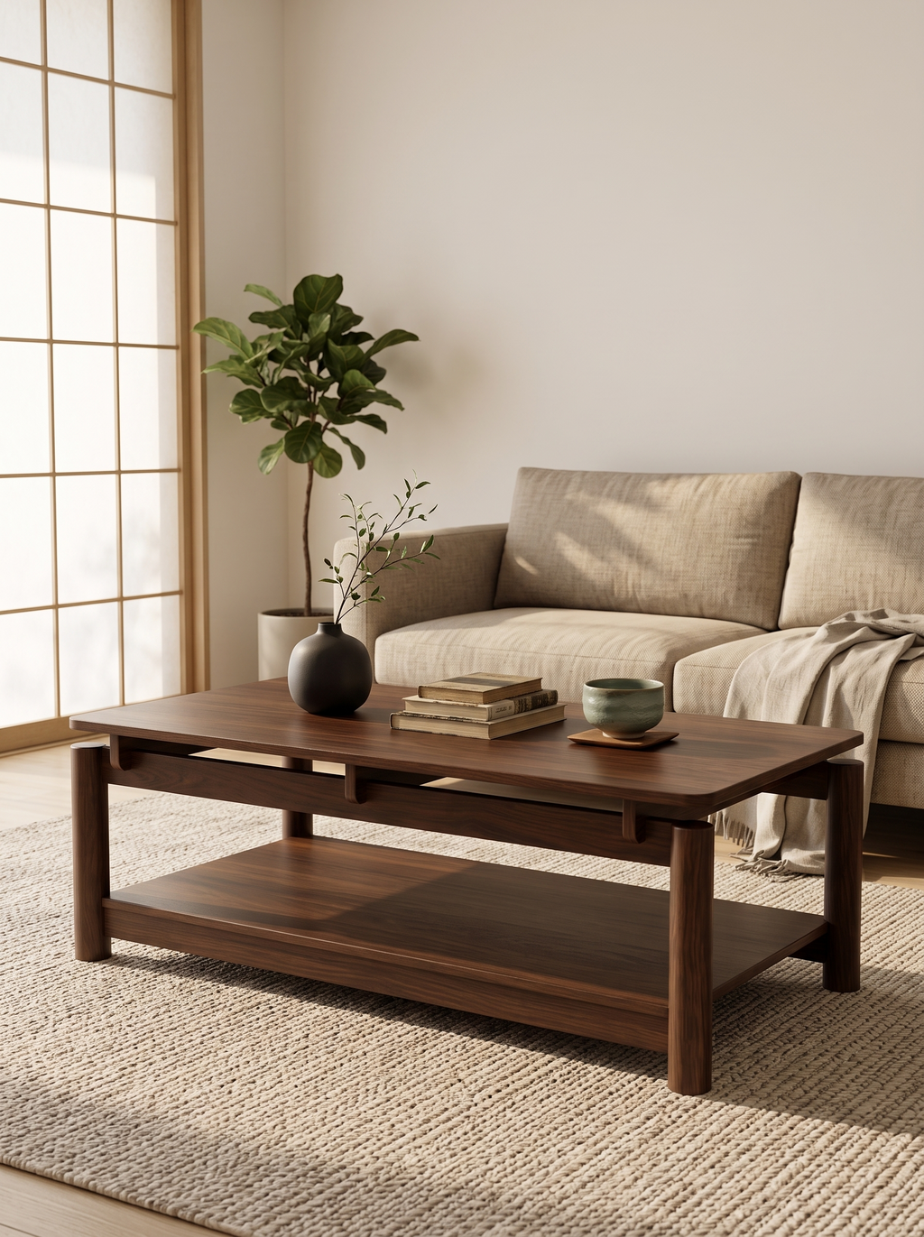 Rectangular Wooden Coffee Table with Lower Storage Shelf, Minimalist Low Profile Tea Table, Wabi-Sabi Solid Wood Look Cocktail Table for Living Room, Apartment