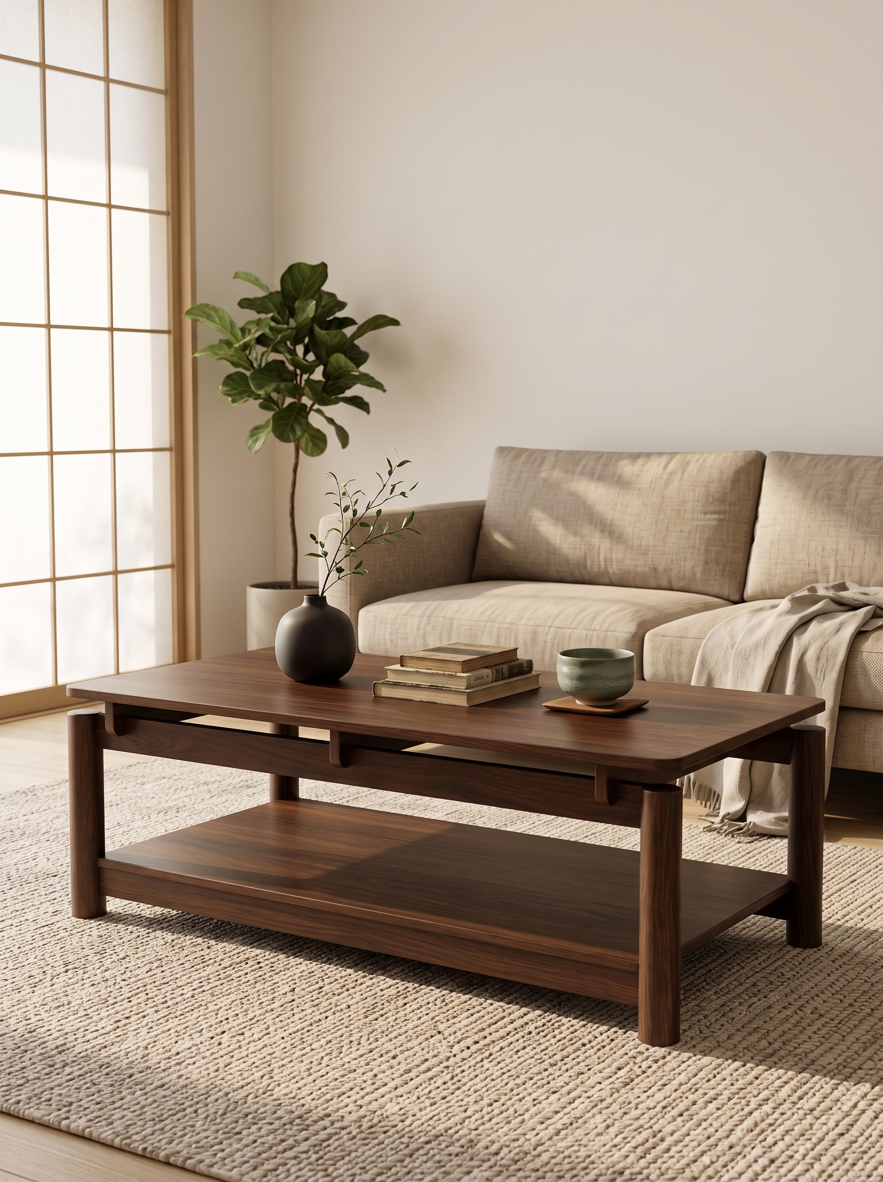 Rectangular Wooden Coffee Table with Lower Storage Shelf, Minimalist Low Profile Tea Table, Wabi-Sabi Solid Wood Look Cocktail Table for Living Room, Apartment
