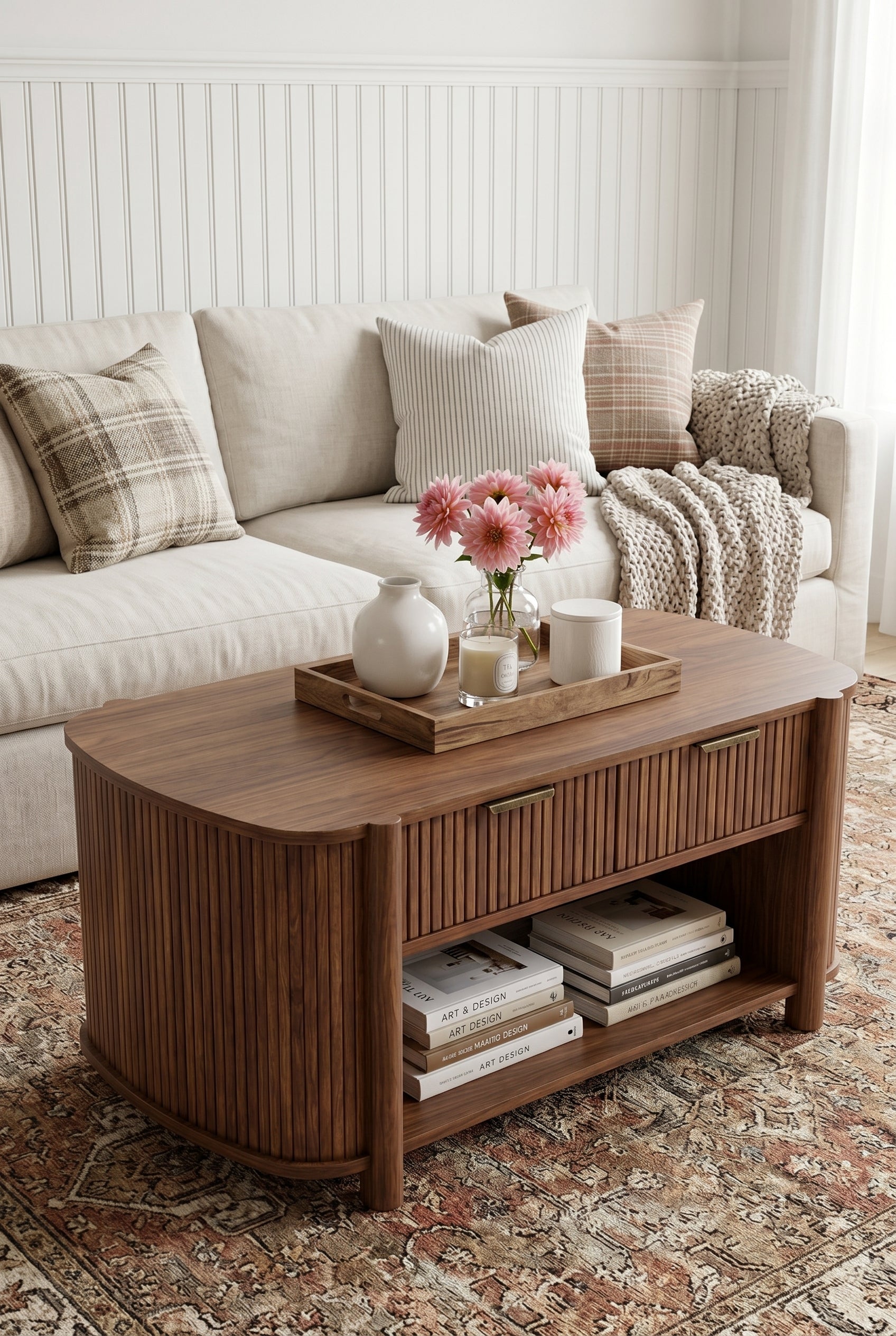 Fluted Oval Wooden Coffee Table | Farmhouse Coffee Table with 2 Pull-Out Fluted Drawers & Open Bottom Storage Shelf