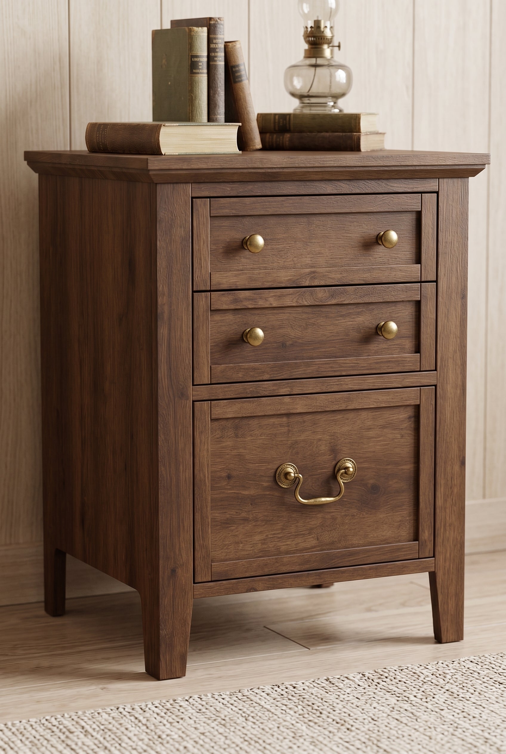 3-Drawer Traditional Wooden Nightstand | Farmhouse Bedside Cabinet with Mixed Brass Hardware