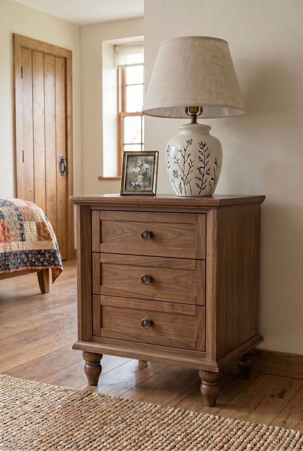 Traditional 3-Drawer Wooden Nightstand | Farmhouse Bedside Cabinet with Turned Bun Legs & Round Knobs