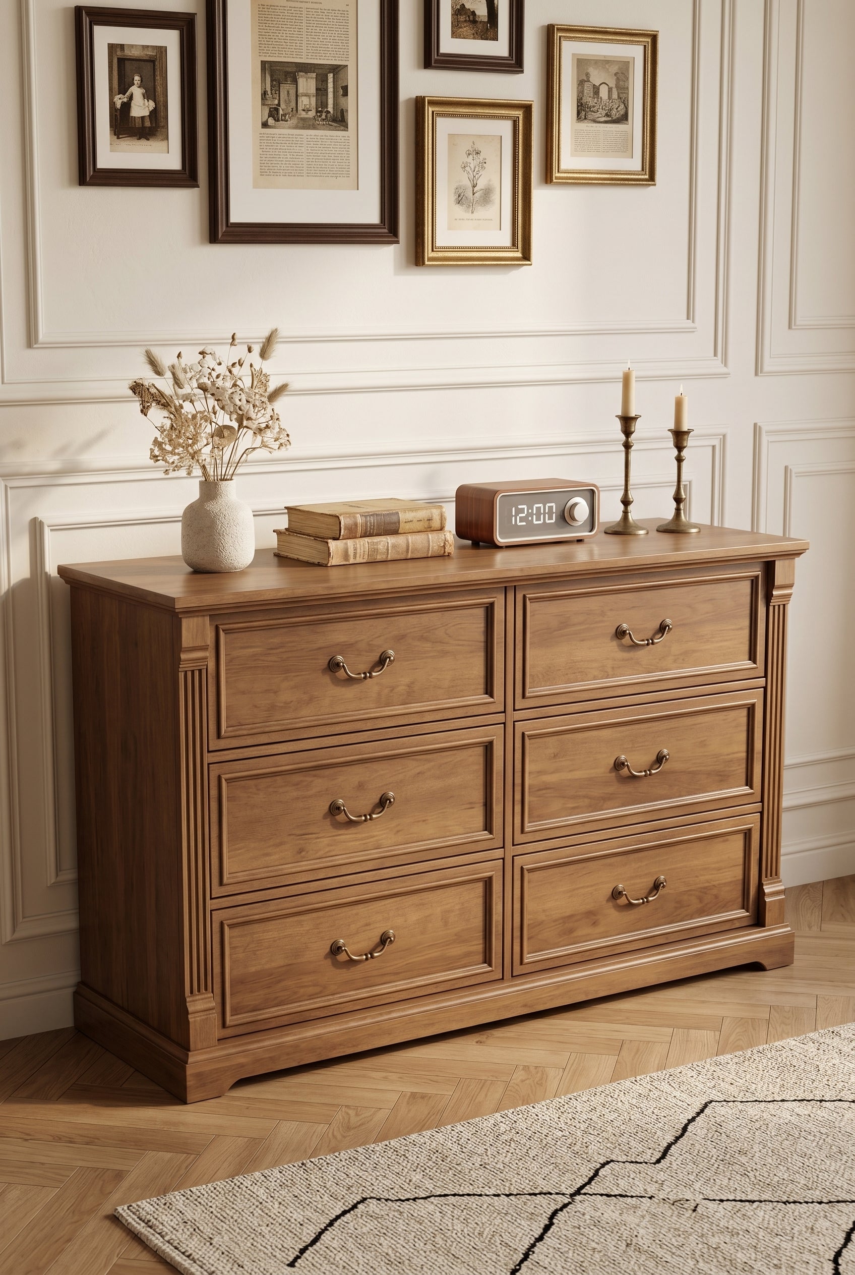 6-Drawer Traditional Wooden Dresser | Fluted Column Wide Storage Chest with Recessed Panel & Curved Metal Pulls
