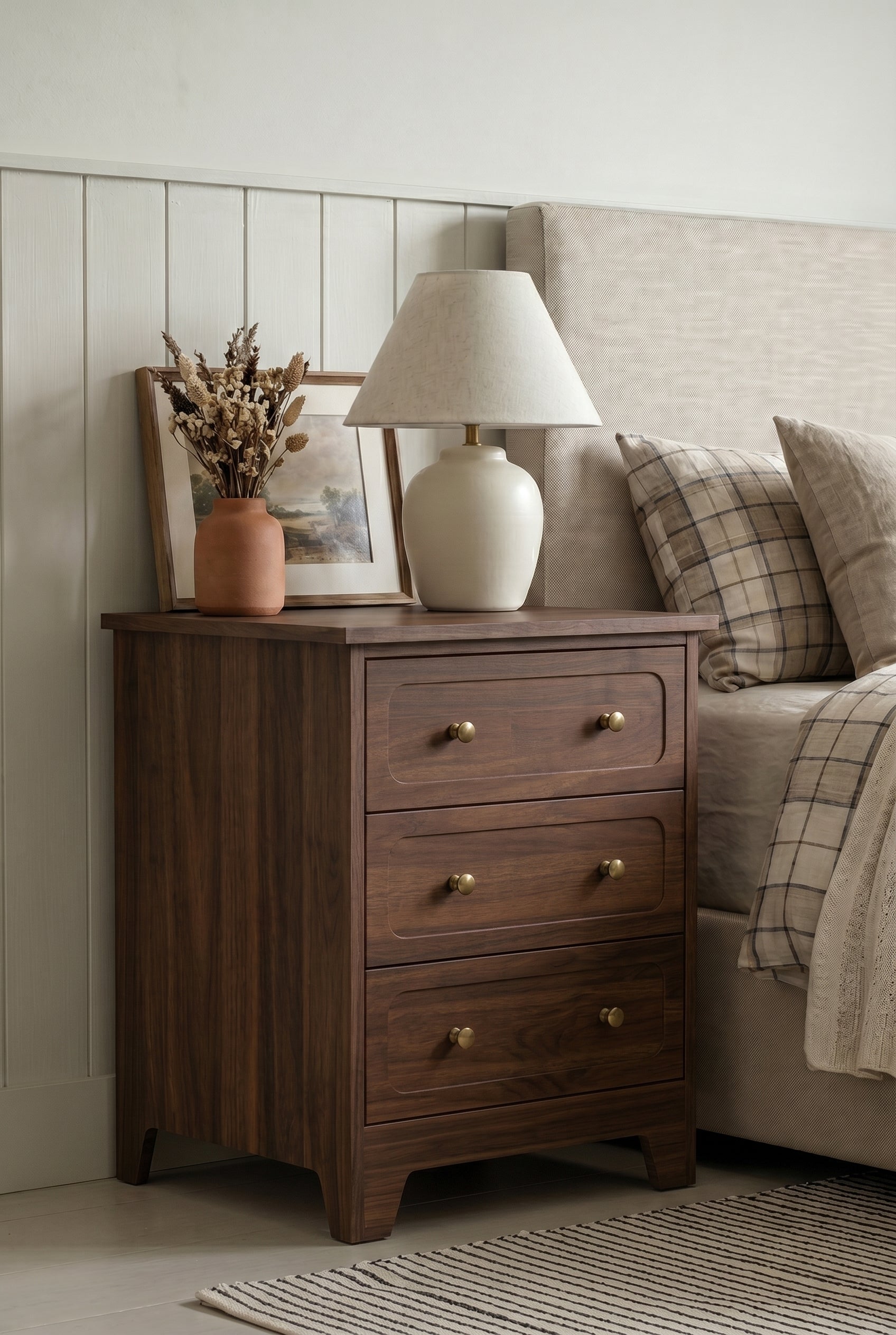 Farmhouse 2-in-1 Wooden Nightstand | 2-Drawer & 3-Drawer Bedside Cabinet with Open Shelf, Curved Panel & Dual Brass Knobs