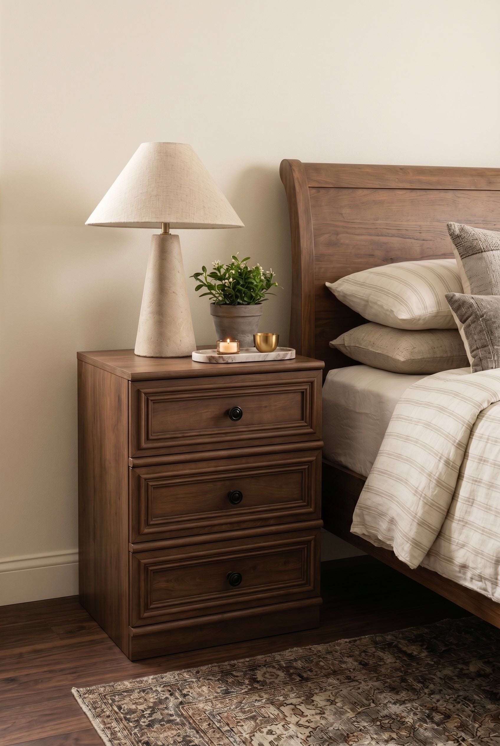 3-Drawer Traditional Wooden Nightstand | Recessed Panel Bedside Cabinet with Round Knobs