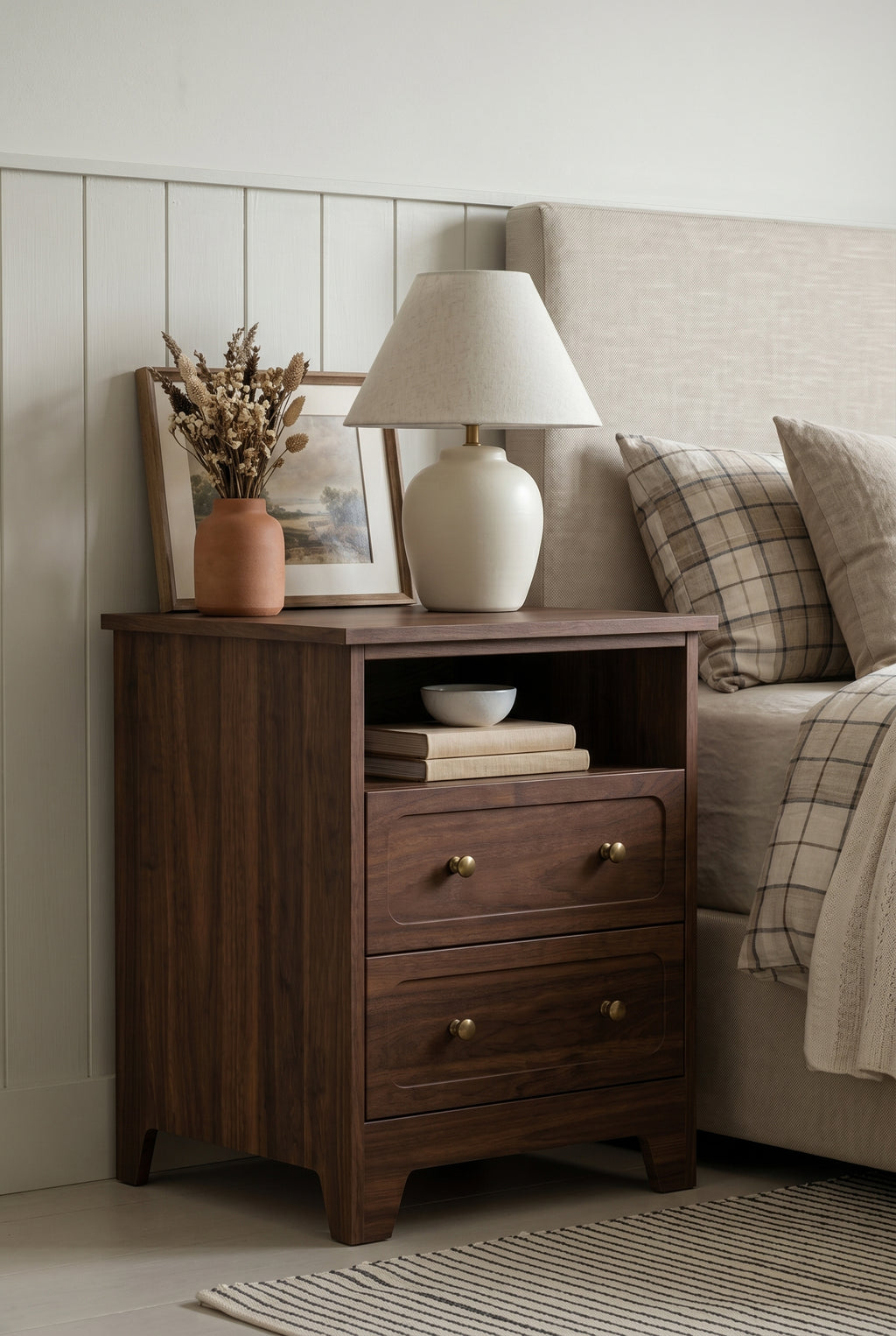 Farmhouse 2-in-1 Wooden Nightstand | 2-Drawer & 3-Drawer Bedside Cabinet with Open Shelf, Curved Panel & Dual Brass Knobs