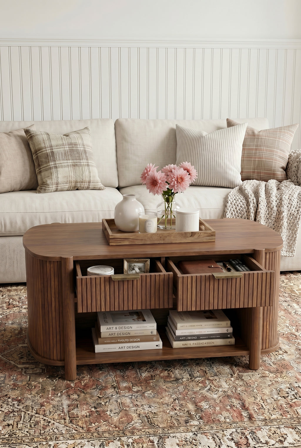 Fluted Oval Wooden Coffee Table | Farmhouse Coffee Table with 2 Pull-Out Fluted Drawers & Open Bottom Storage Shelf