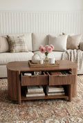 Fluted Oval Wooden Coffee Table | Farmhouse Coffee Table with 2 Pull-Out Fluted Drawers & Open Bottom Storage Shelf