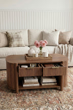 Fluted Oval Wooden Coffee Table | Farmhouse Coffee Table with 2 Pull-Out Fluted Drawers & Open Bottom Storage Shelf