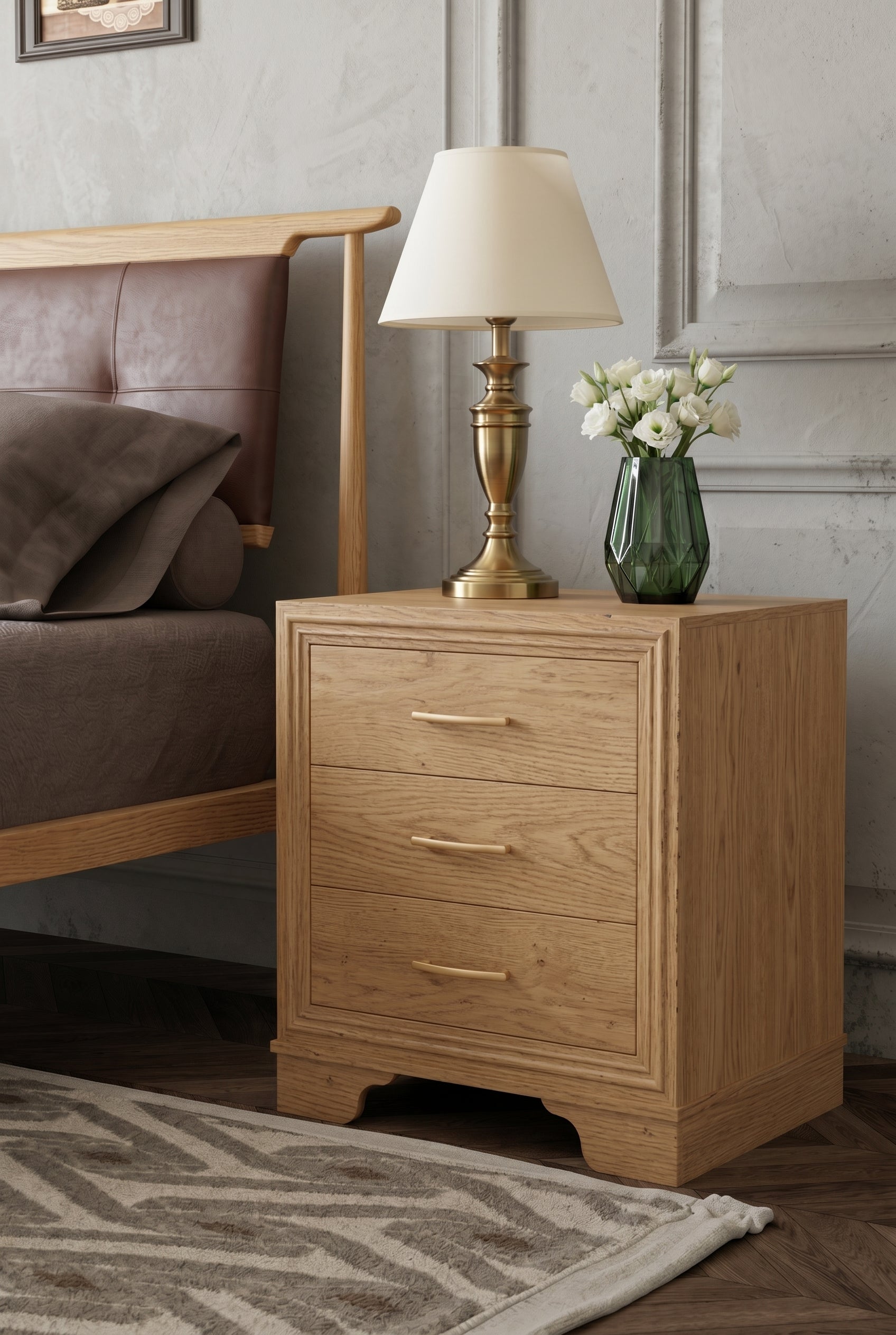 3-Drawer Wooden Nightstand | Simple Recessed Frame Bedside Cabinet with Horizontal Bar Pulls