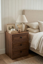 3-Drawer Traditional Wooden Nightstand | Recessed Panel Bedside Cabinet with Round Knobs