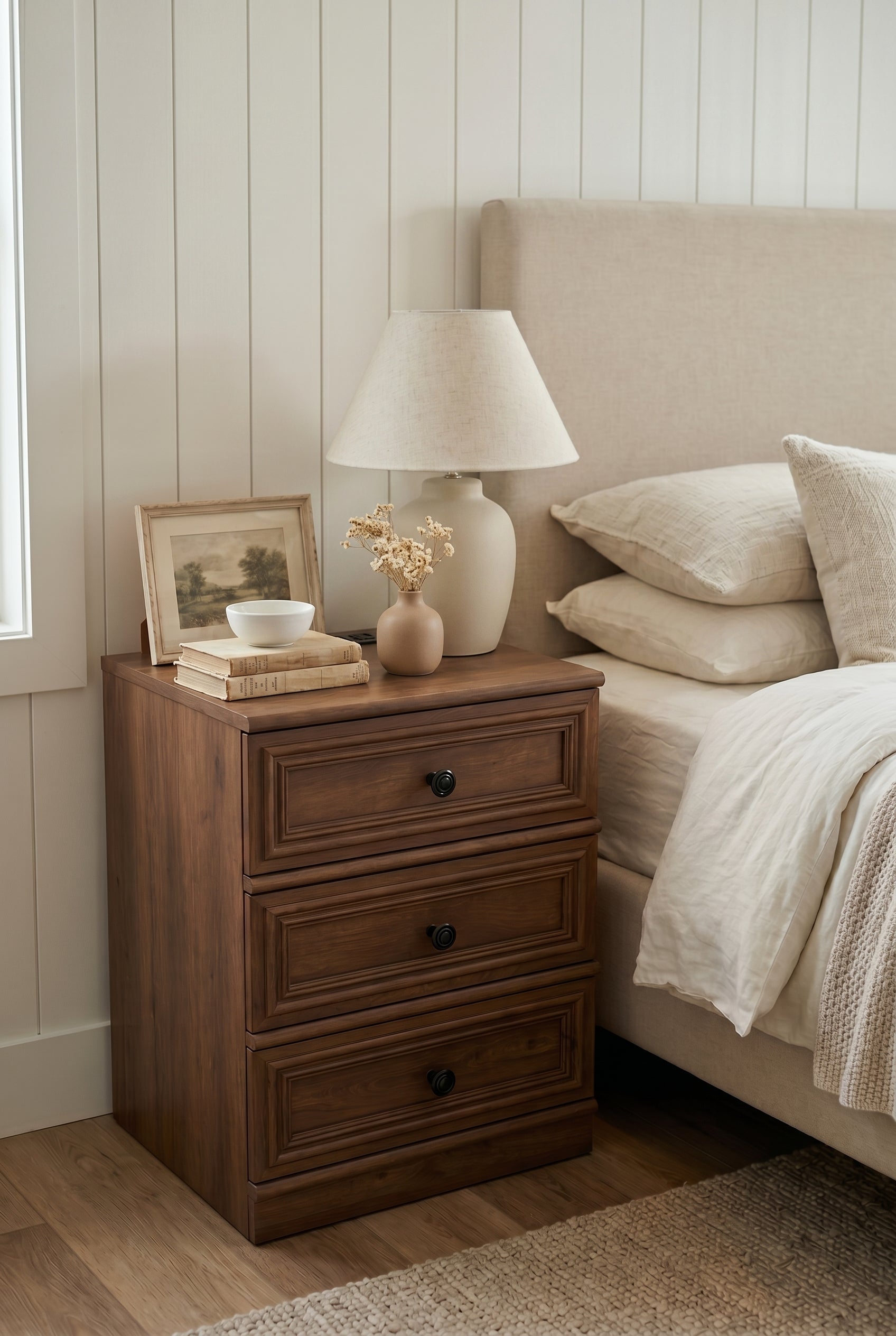 3-Drawer Traditional Wooden Nightstand | Recessed Panel Bedside Cabinet with Round Knobs
