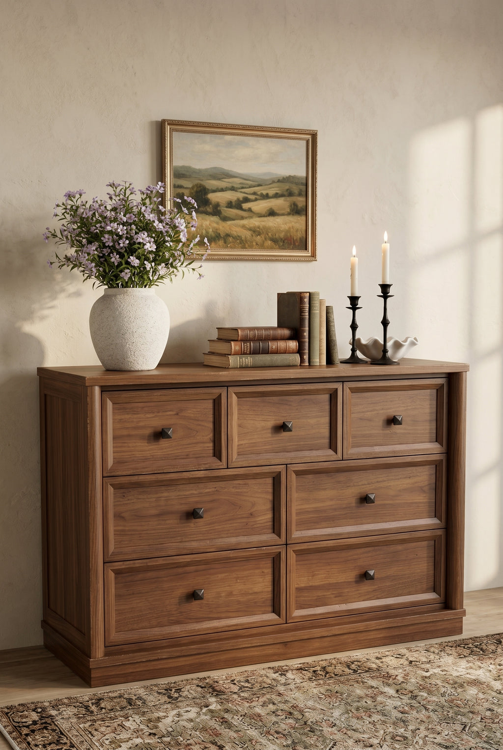 7-Drawer Wooden Dresser | Recessed Panel Wide Storage Chest with Square Metal Knobs for Bedroom