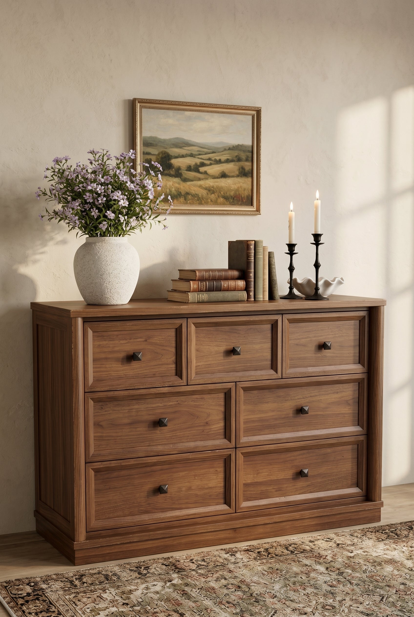 7-Drawer Wooden Dresser | Recessed Panel Wide Storage Chest with Square Metal Knobs for Bedroom