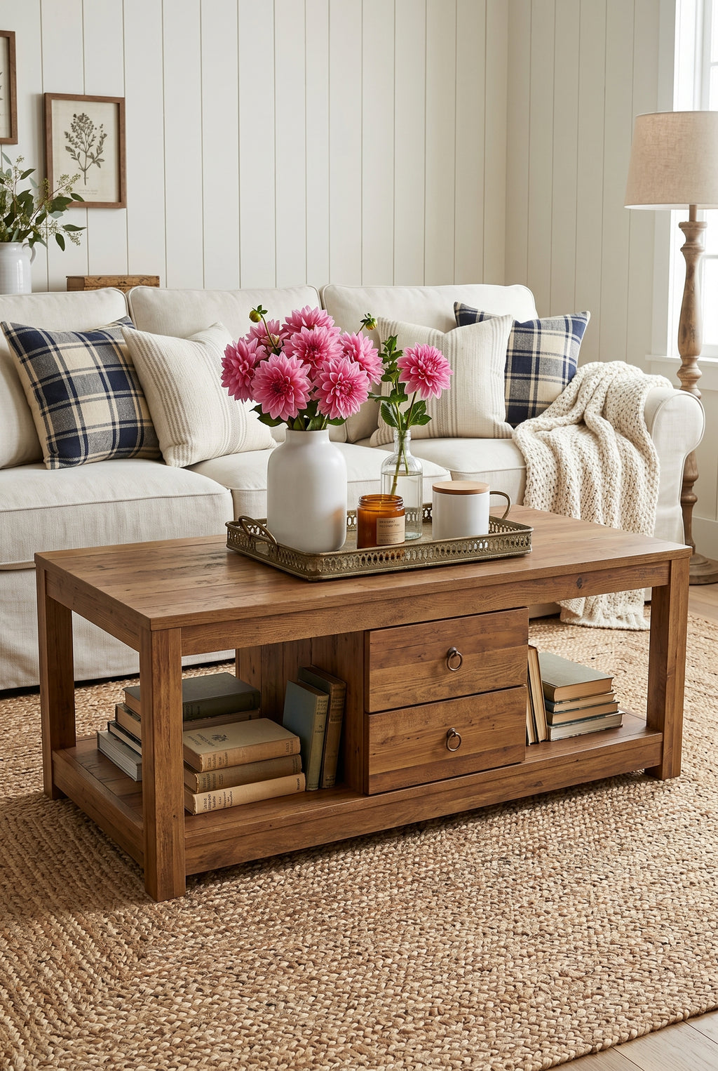 2-Drawer Rustic Wooden Coffee Table | Farmhouse Rectangular Center Table with Full Open Storage Bottom Shelf & Round Metal Pulls