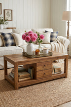 2-Drawer Rustic Wooden Coffee Table | Farmhouse Rectangular Center Table with Full Open Storage Bottom Shelf & Round Metal Pulls