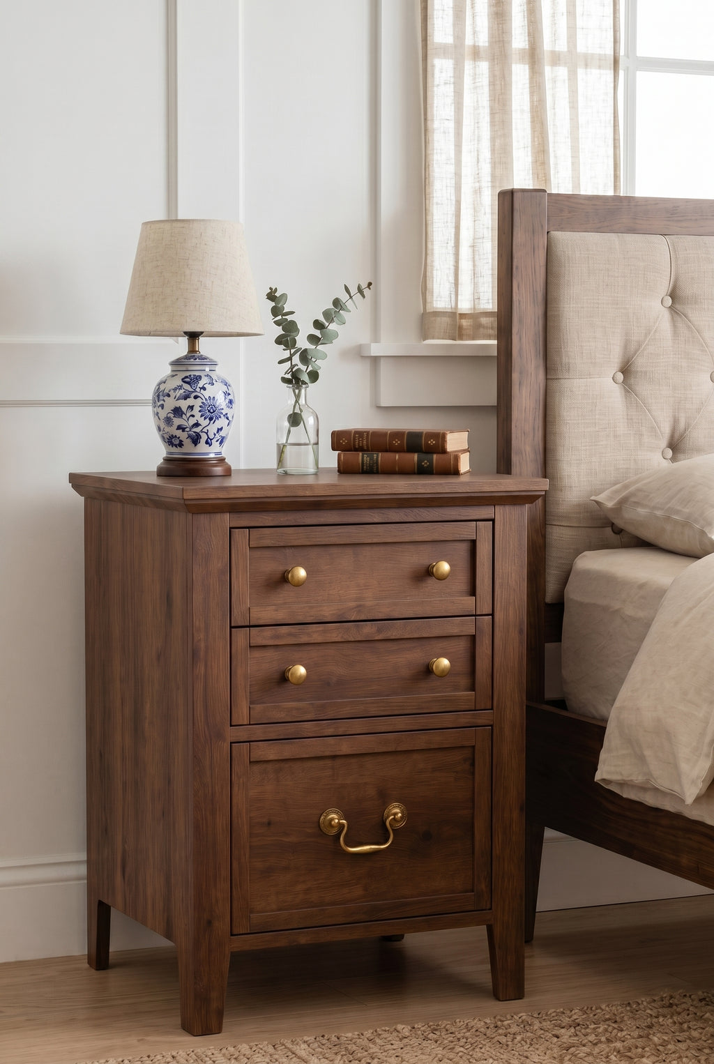 3-Drawer Traditional Wooden Nightstand | Farmhouse Bedside Cabinet with Mixed Brass Hardware