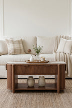 Fluted Oval Wooden Coffee Table | Farmhouse Coffee Table with 2 Pull-Out Fluted Drawers & Open Bottom Storage Shelf