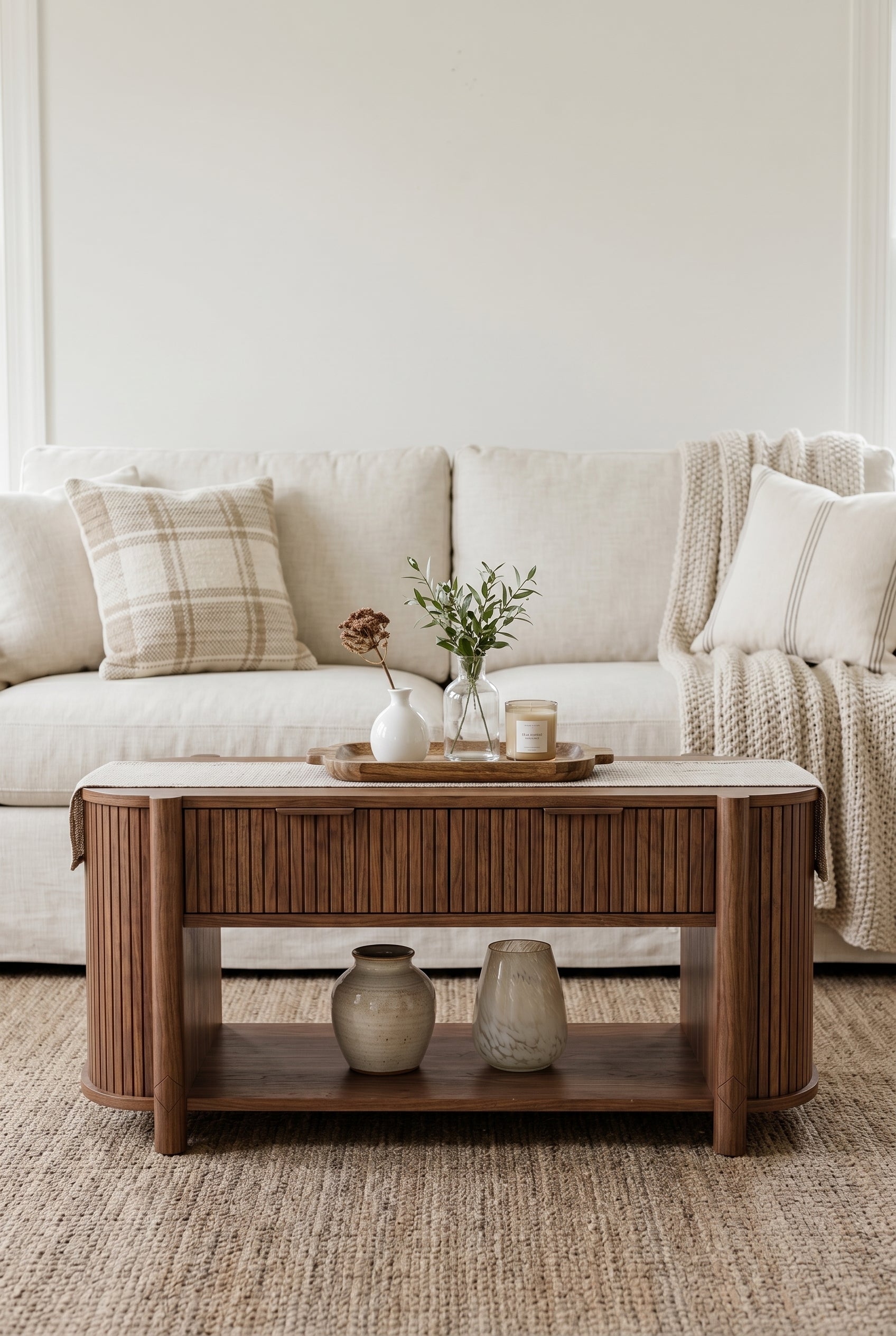 Fluted Oval Wooden Coffee Table | Farmhouse Coffee Table with 2 Pull-Out Fluted Drawers & Open Bottom Storage Shelf