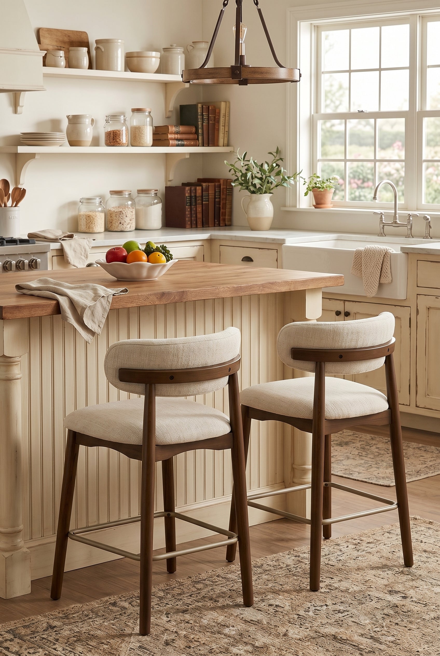 Set of 2 Solid Wood 26" Counter Height Bar Stools, Mid Century Modern Bar Stools with Chenille Upholstered Backrest & Brass-Toned Metal Footrest for Kitchen Island