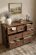 7-Drawer Wooden Dresser | Recessed Panel Wide Storage Chest with Square Metal Knobs for Bedroom