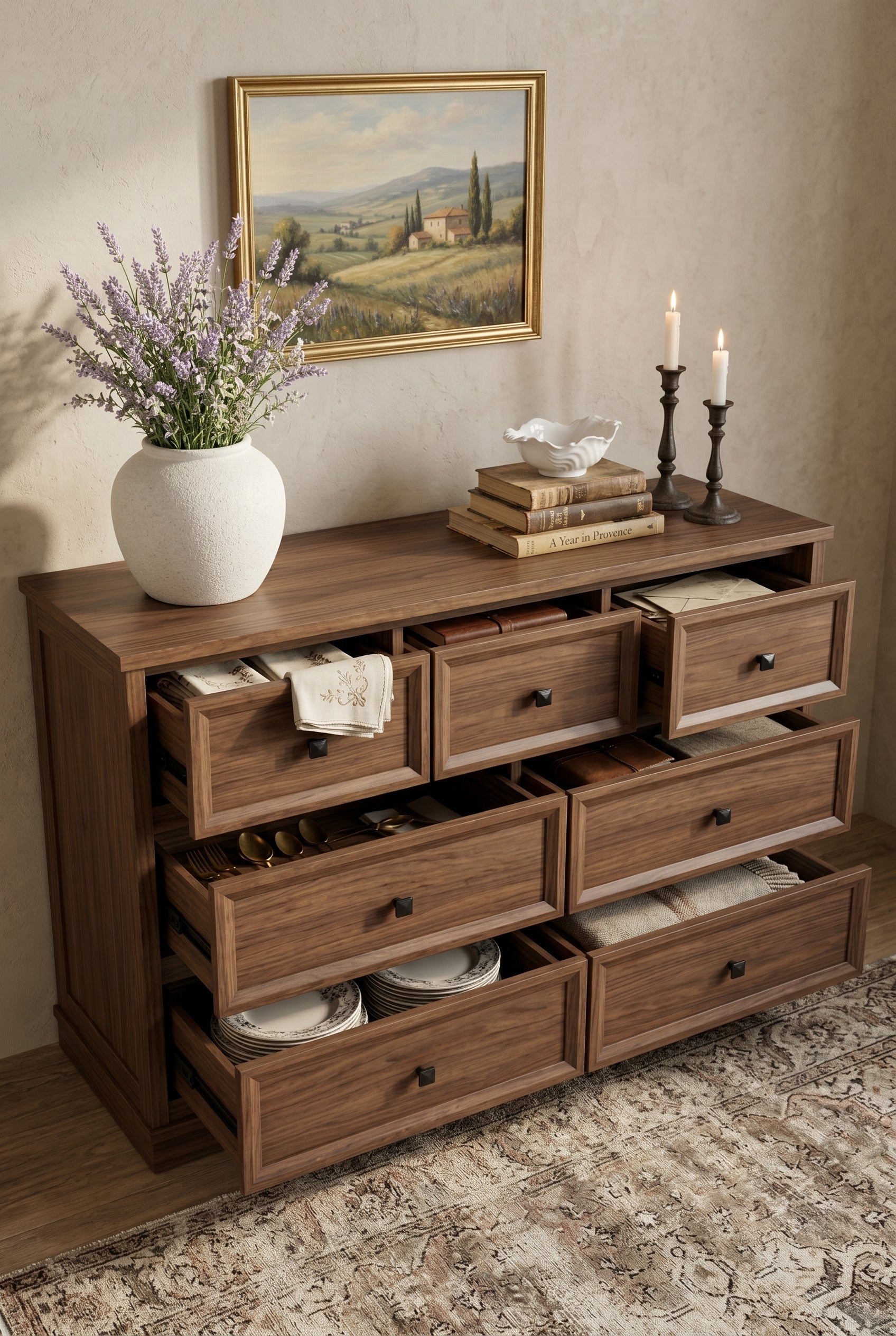 7-Drawer Wooden Dresser | Recessed Panel Wide Storage Chest with Square Metal Knobs for Bedroom
