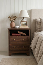 Farmhouse 2-in-1 Wooden Nightstand | 2-Drawer & 3-Drawer Bedside Cabinet with Open Shelf, Curved Panel & Dual Brass Knobs
