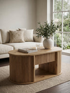Single Fluted Drawer Oval Coffee Table | Light Natural Wood Curved Ribbed Storage Center Table for Living Room