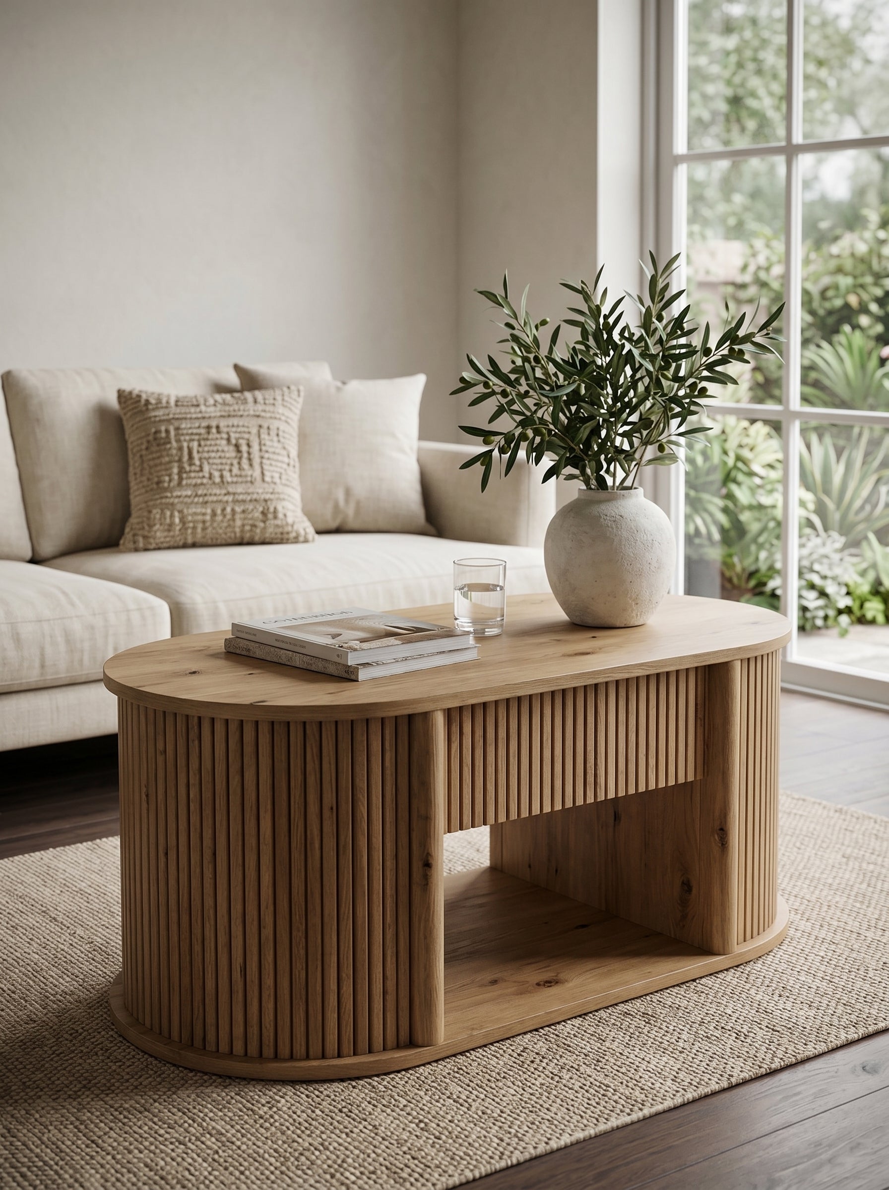 Single Fluted Drawer Oval Coffee Table | Light Natural Wood Curved Ribbed Storage Center Table for Living Room