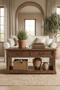 2-Drawer Fluted Column Wooden Coffee Table | Rustic Farmhouse Rectangular Center Table with Open Bottom Storage Shelf