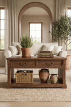 2-Drawer Fluted Column Wooden Coffee Table | Rustic Farmhouse Rectangular Center Table with Open Bottom Storage Shelf