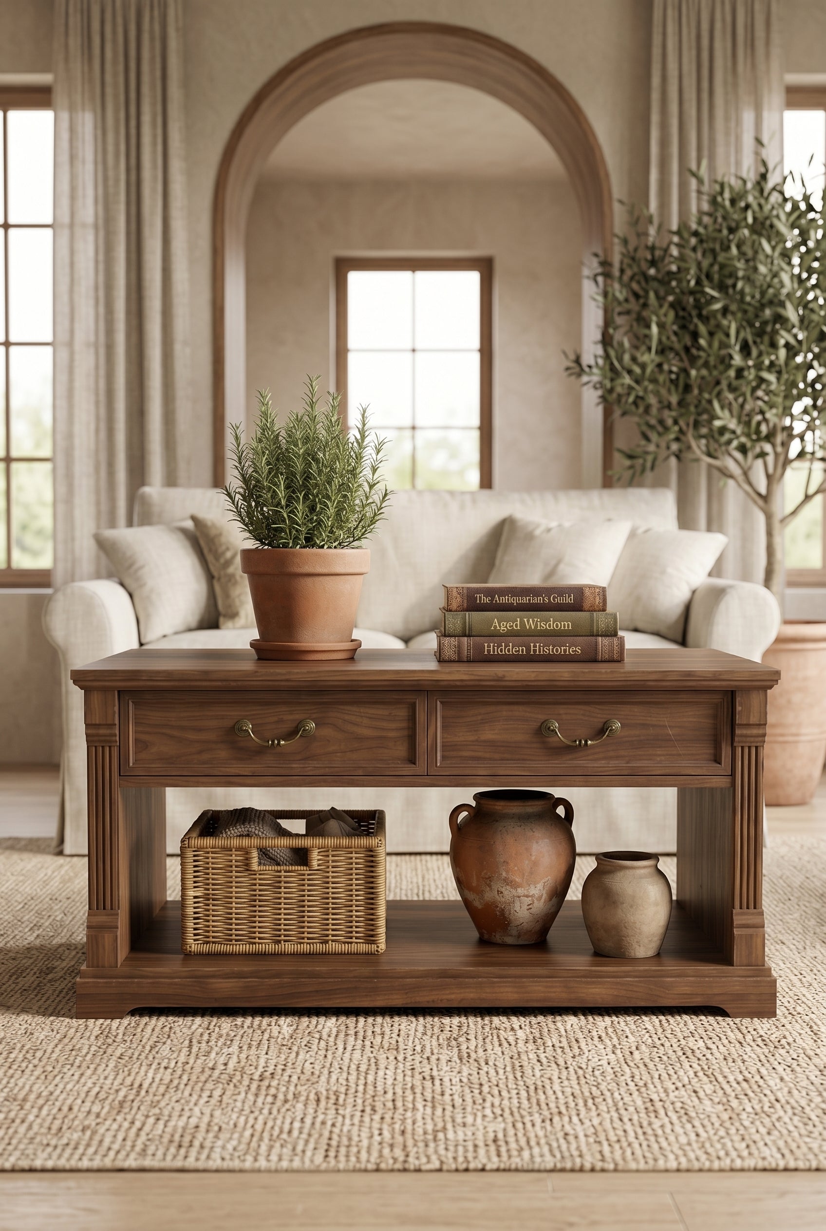 2-Drawer Fluted Column Wooden Coffee Table | Rustic Farmhouse Rectangular Center Table with Open Bottom Storage Shelf