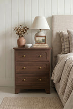 Farmhouse 2-in-1 Wooden Nightstand | 2-Drawer & 3-Drawer Bedside Cabinet with Open Shelf, Curved Panel & Dual Brass Knobs