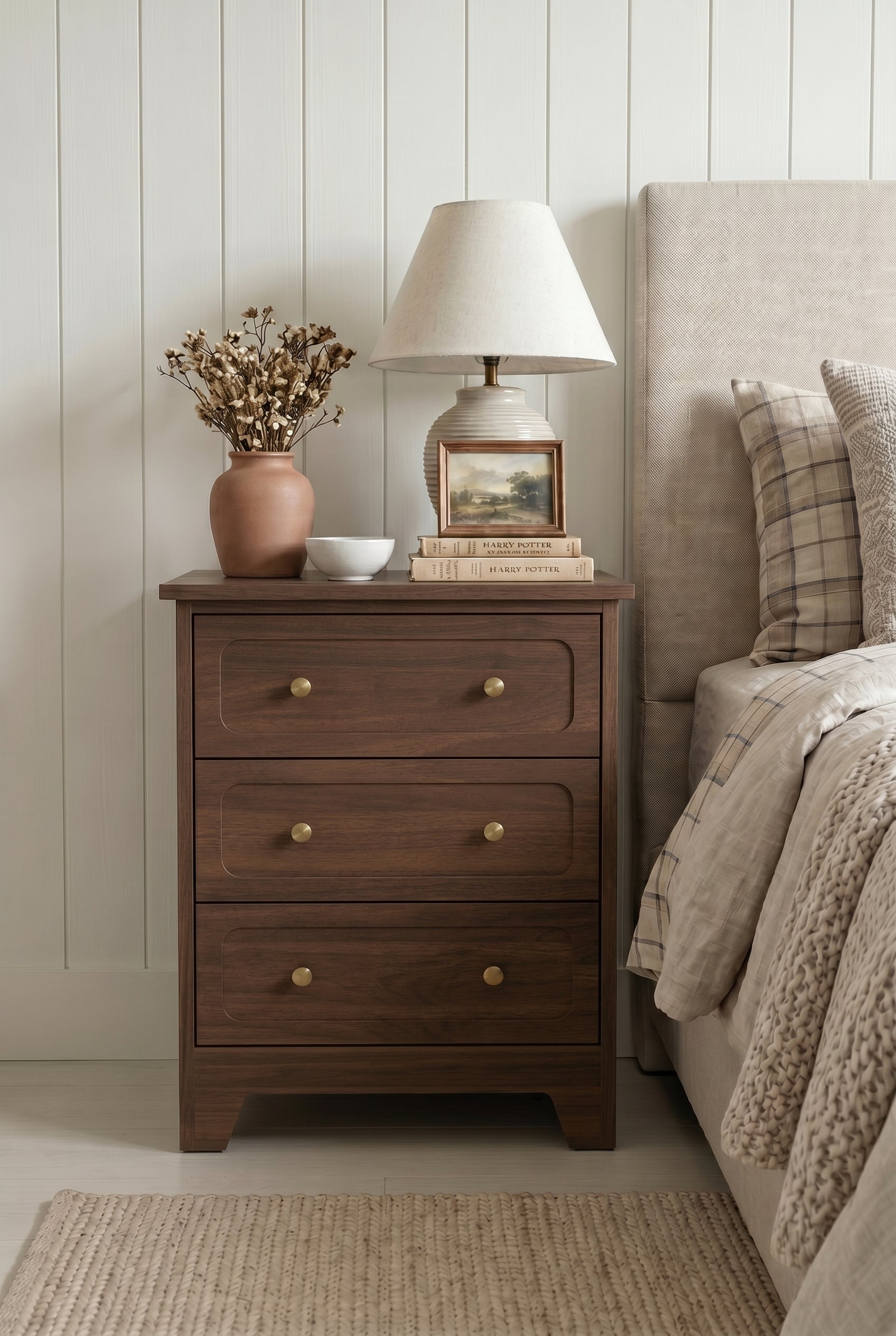 Farmhouse 2-in-1 Wooden Nightstand | 2-Drawer & 3-Drawer Bedside Cabinet with Open Shelf, Curved Panel & Dual Brass Knobs