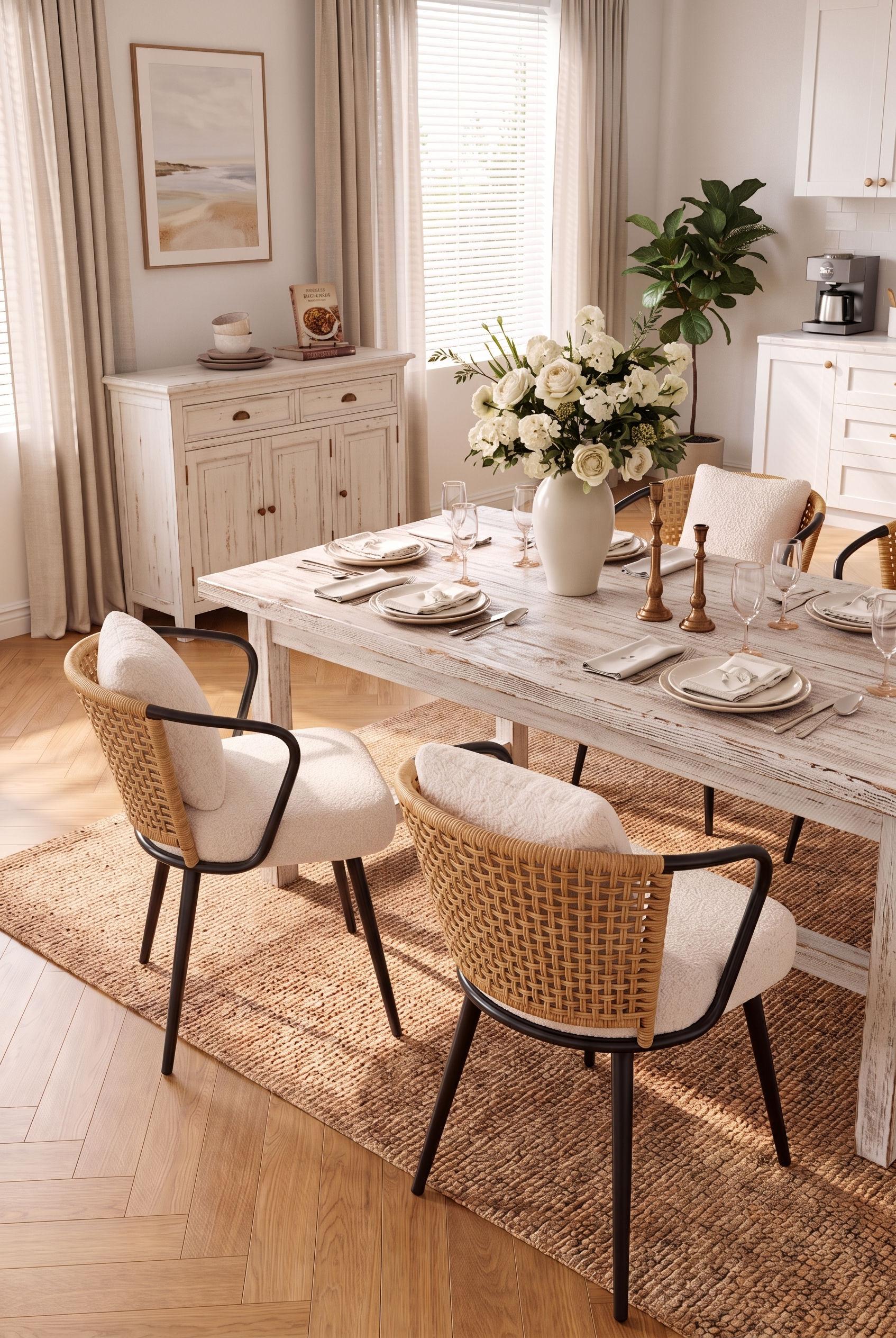 Set of 2 & Set of 4 Rattan Dining Chairs, Mid Century Natural Woven Rattan Kitchen Chairs with Ergonomic Curved Backrest, Upholstered Seat & Throw Pillow, Stable Metal Leg Accent Chairs for Dining Room & Living Room