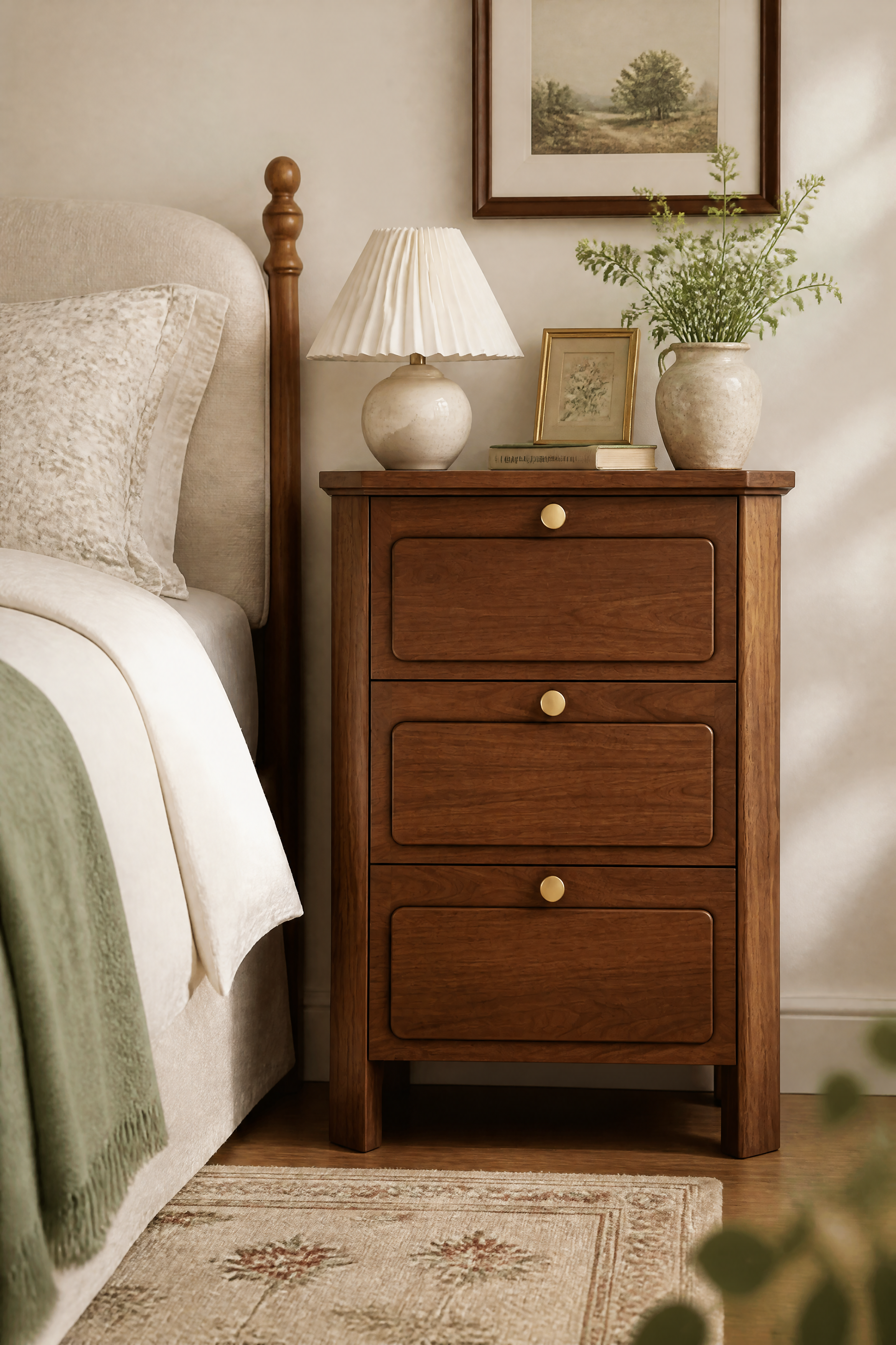 3-Drawer Modern Farmhouse Wooden Nightstand | Curved Recessed Panel Bedside Cabinet with Brass Knobs