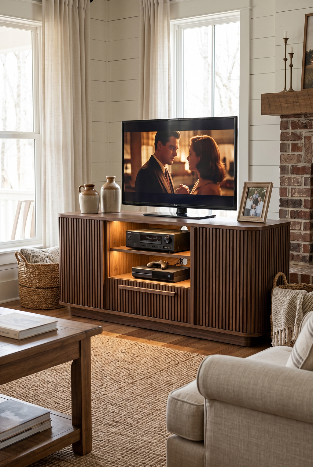 68" Vertical Fluted Wave Pattern Wooden TV Stand Sideboard with RGB LED Light, Mid Century Media Console with Drawer & Closed Storage Cabinets, Entertainment Center Fits TVs up to 75"