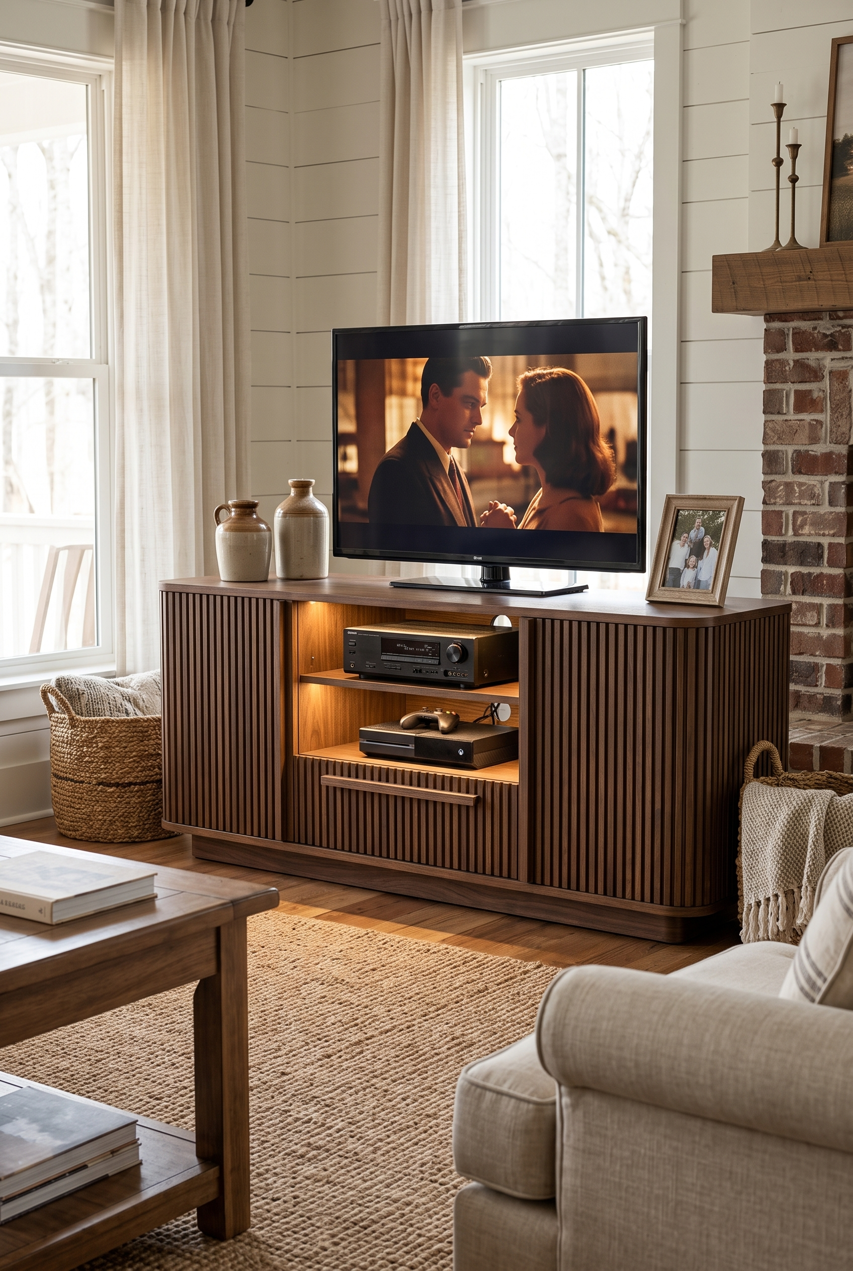 68" Vertical Fluted Wave Pattern Wooden TV Stand Sideboard with RGB LED Light, Mid Century Media Console with Drawer & Closed Storage Cabinets, Entertainment Center Fits TVs up to 75"