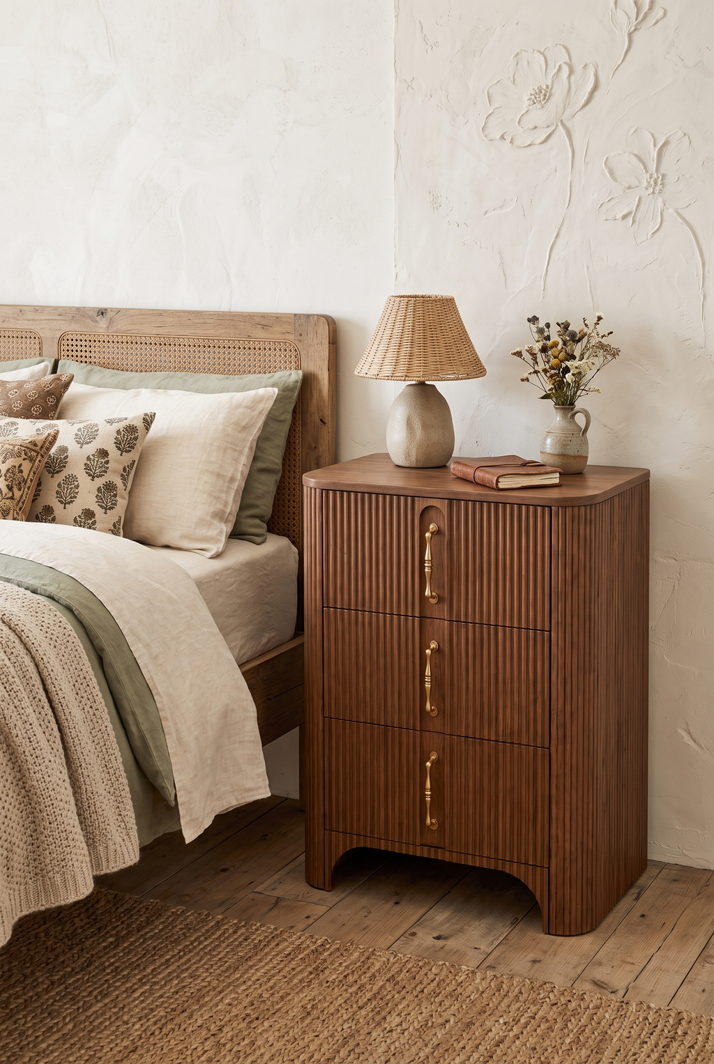 3-Drawer Vertical Fluted Wooden Nightstand, Curved Ripple Ribbed Bedside Chest with Long Brass Pull Handles, Wabi-Sabi Tall Narrow Storage Dresser for Bedroom