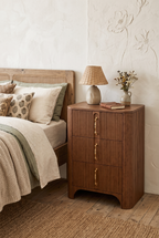 3-Drawer Vertical Fluted Wooden Nightstand, Curved Ripple Ribbed Bedside Chest with Long Brass Pull Handles, Wabi-Sabi Tall Narrow Storage Dresser for Bedroom